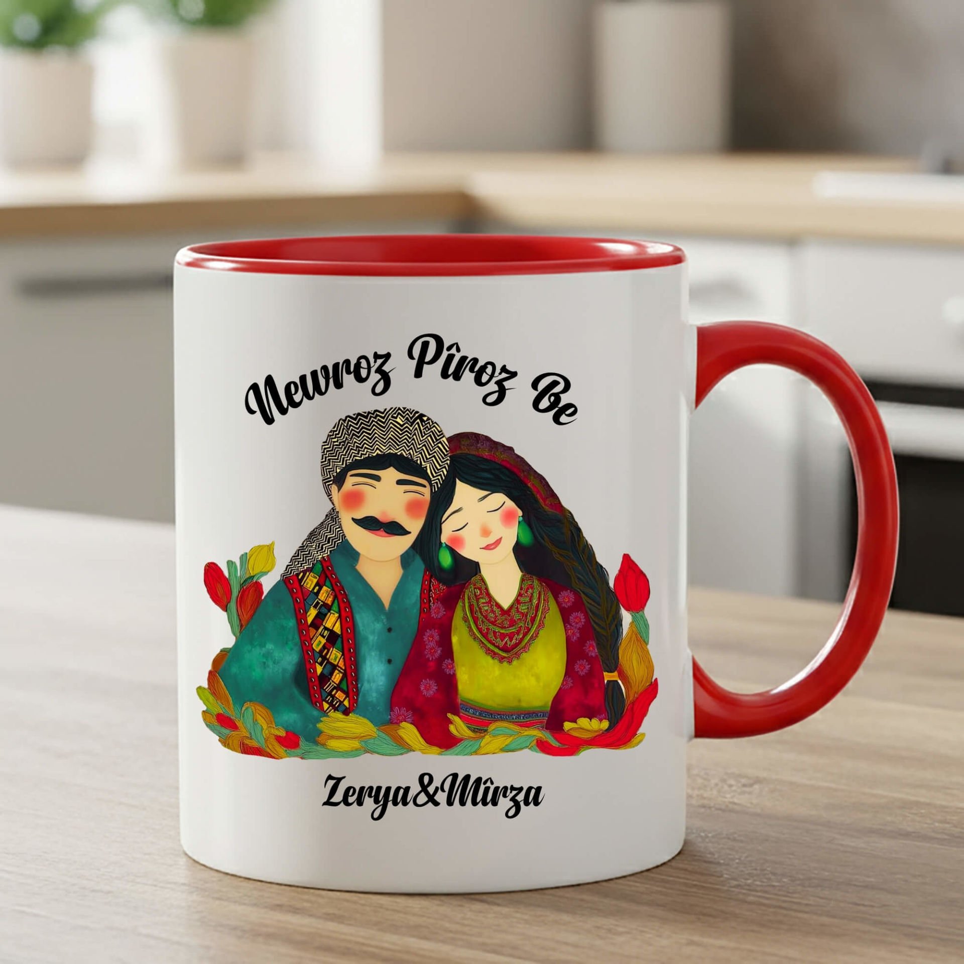 İsme Özel Newroz Piroz Be Gülümseyen Mem u Zin Tasarımlı Kırmızı Klasik Kupa Bardağı