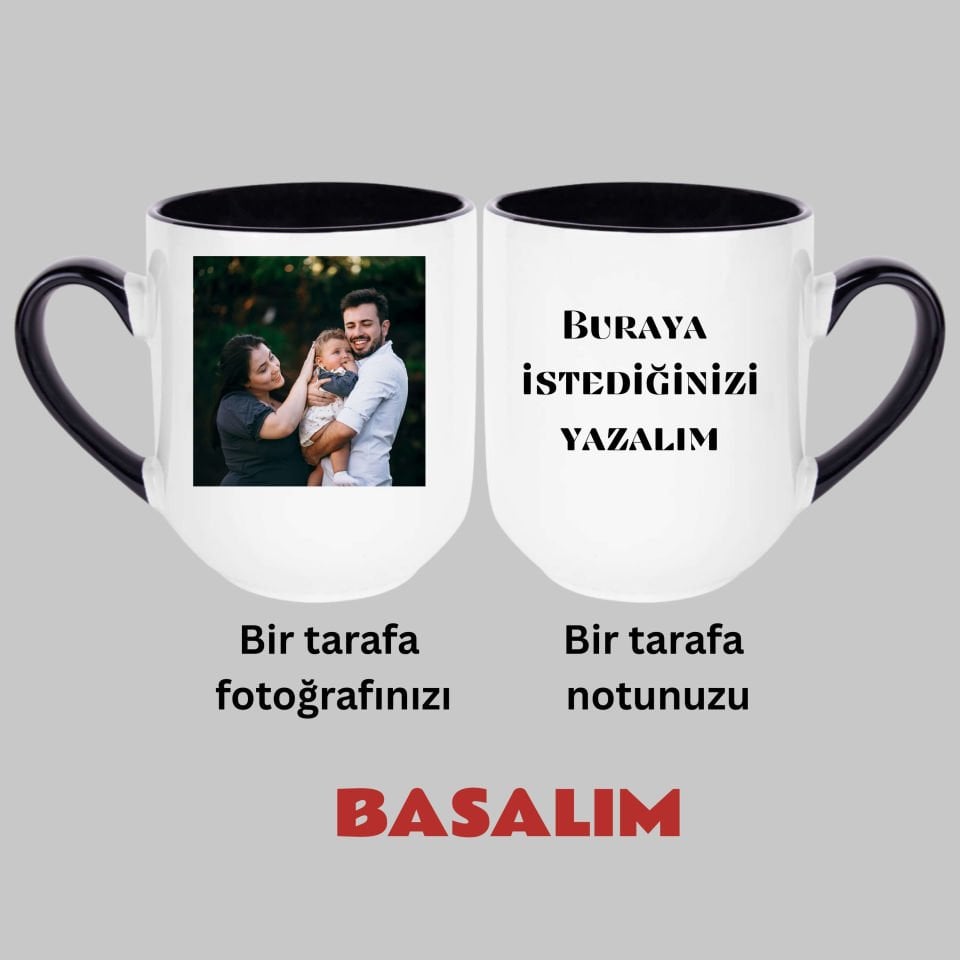 Kişiye Özel Resim Bastırmalı ve Notlu Siyah Oval Renkli Elite Kupa Bardağı - Resimli Notlu Siyah Oval Elite Kupa Bardak