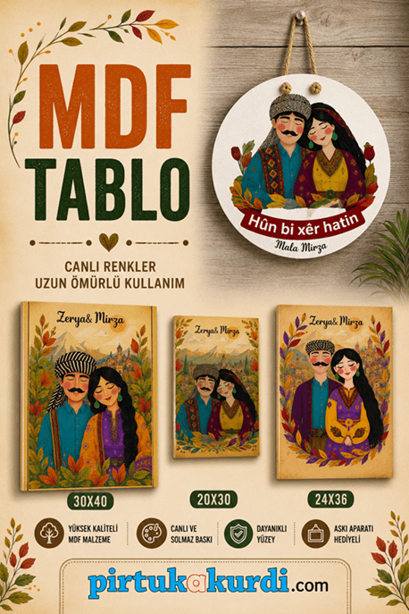 İsme Özel Mem û Zin Tasarımlı Kürtçe Kapı Süsü ve Mdf Ahşap Tablo SETİ
