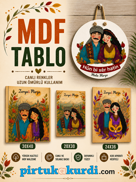 İsme Özel Mem û Zin Tasarımlı Kürtçe Kapı Süsü ve Mdf Ahşap Tablo SETİ