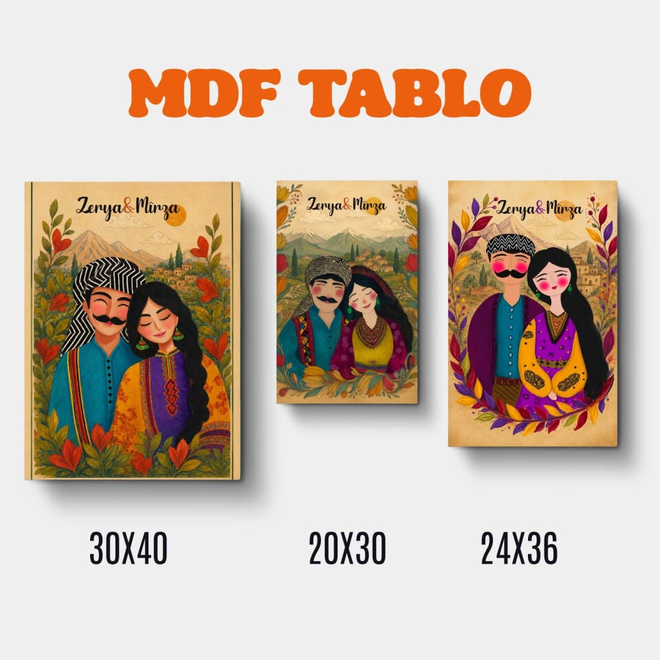 İsme Özel Mem û Zin Tasarımlı Kürtçe Kapı Süsü ve Mdf Ahşap Tablo SETİ