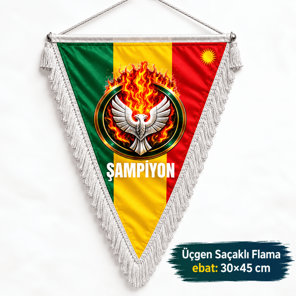 Amed Çift Başlı Kartal Kesk Sor Zer Tasarımlı Taraftar Spor Bayrak - Şampiyon Üçgen Saçaklı Flama 30x45 (saten kumaş)