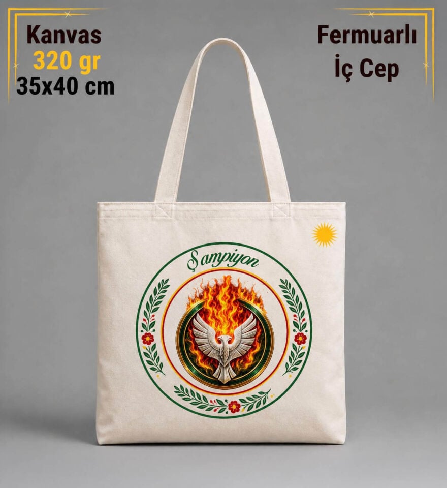 Şampiyon Amed Çiçek Desenli Çift Başlı Kartal Taraftar Spor Tasarımlı İÇ CEPLİ 320 gr Kanvas Bez Çanta | %100 Pamuk