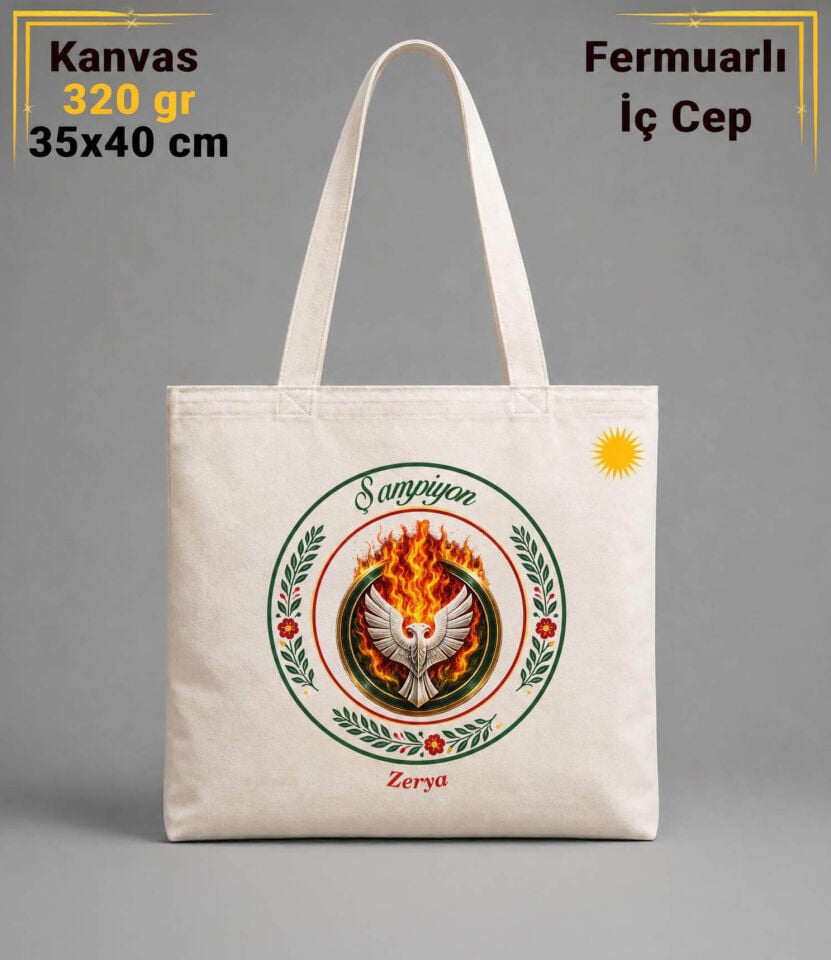 İsme Özel Şampiyon Amed Çift Başlı Kartal Çiçek Desenli Taraftar Spor Tasarımlı İÇ CEPLİ 320 gr Kanvas Bez Çanta | %100 Pamuk