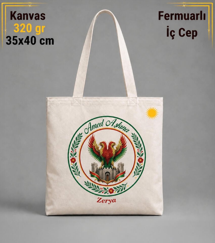 İsme Özel Çiçek Desenli Amed Aşkına Surları ve Çift Başlı Kartal Tasarımlı Taraftar Spor İÇ CEPLİ 320 gr Kanvas Bez Çanta | %100 Pamuk