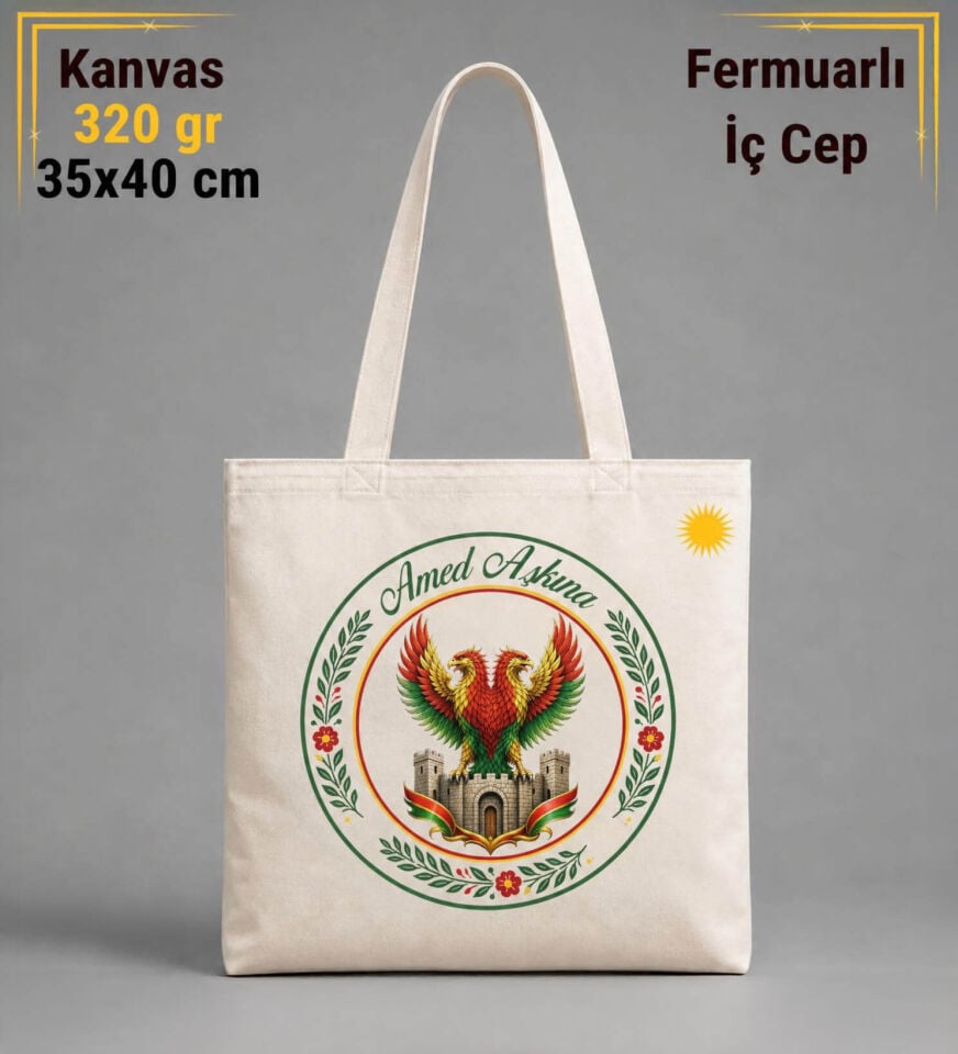 Çiçek Desenli Amed Şampiyon Surları ve Çift Başlı Kartal Tasarımlı Taraftar Spor İÇ CEPLİ 320 gr Kanvas Bez Çanta | %100 Pamuk