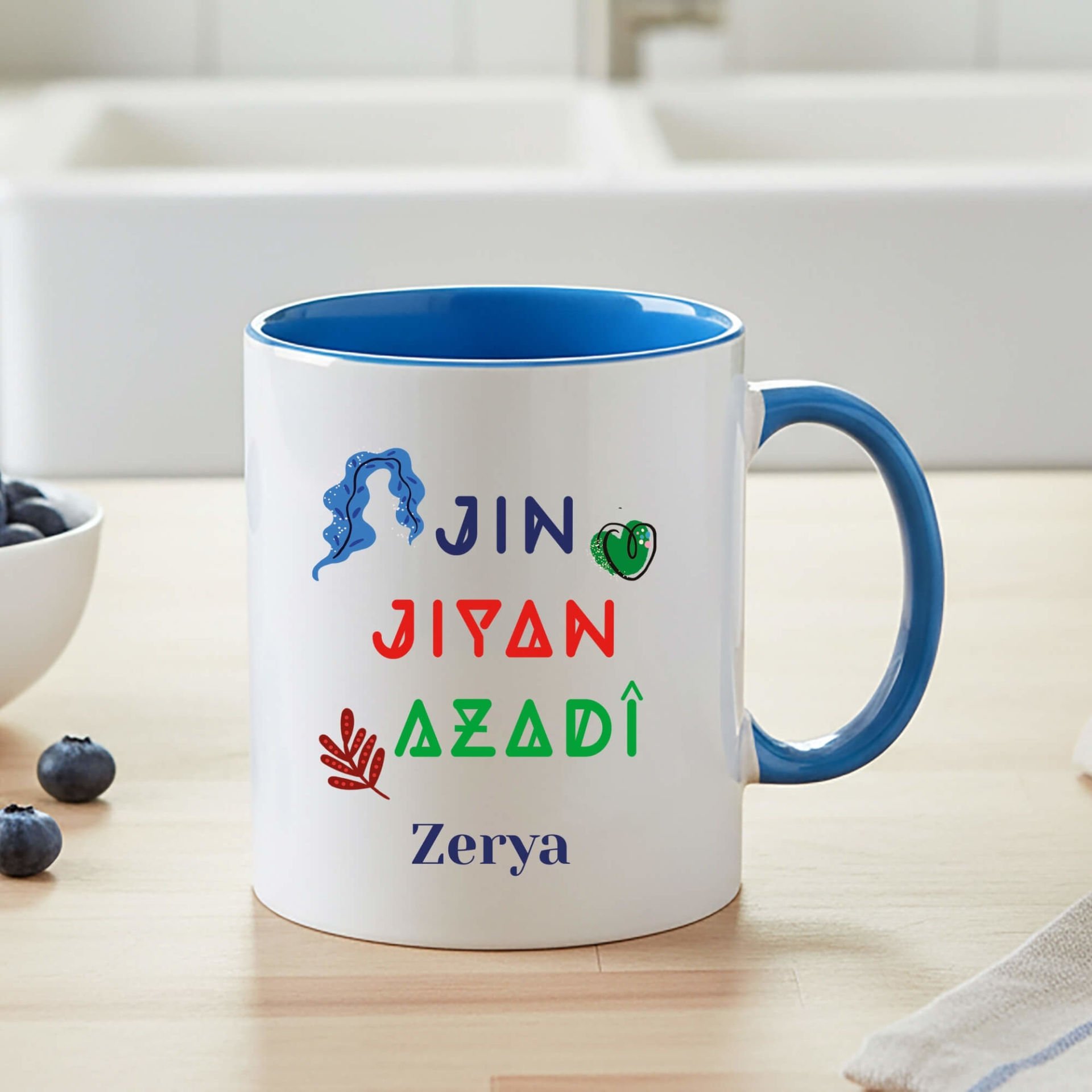 İsme Özel Jin Jiyan Azadi Yazılı Mavi Klasik Kupa Bardağı - Jin Jiyan Azadi Yazılı Klasik Mavi Renkli Kupa Bardak