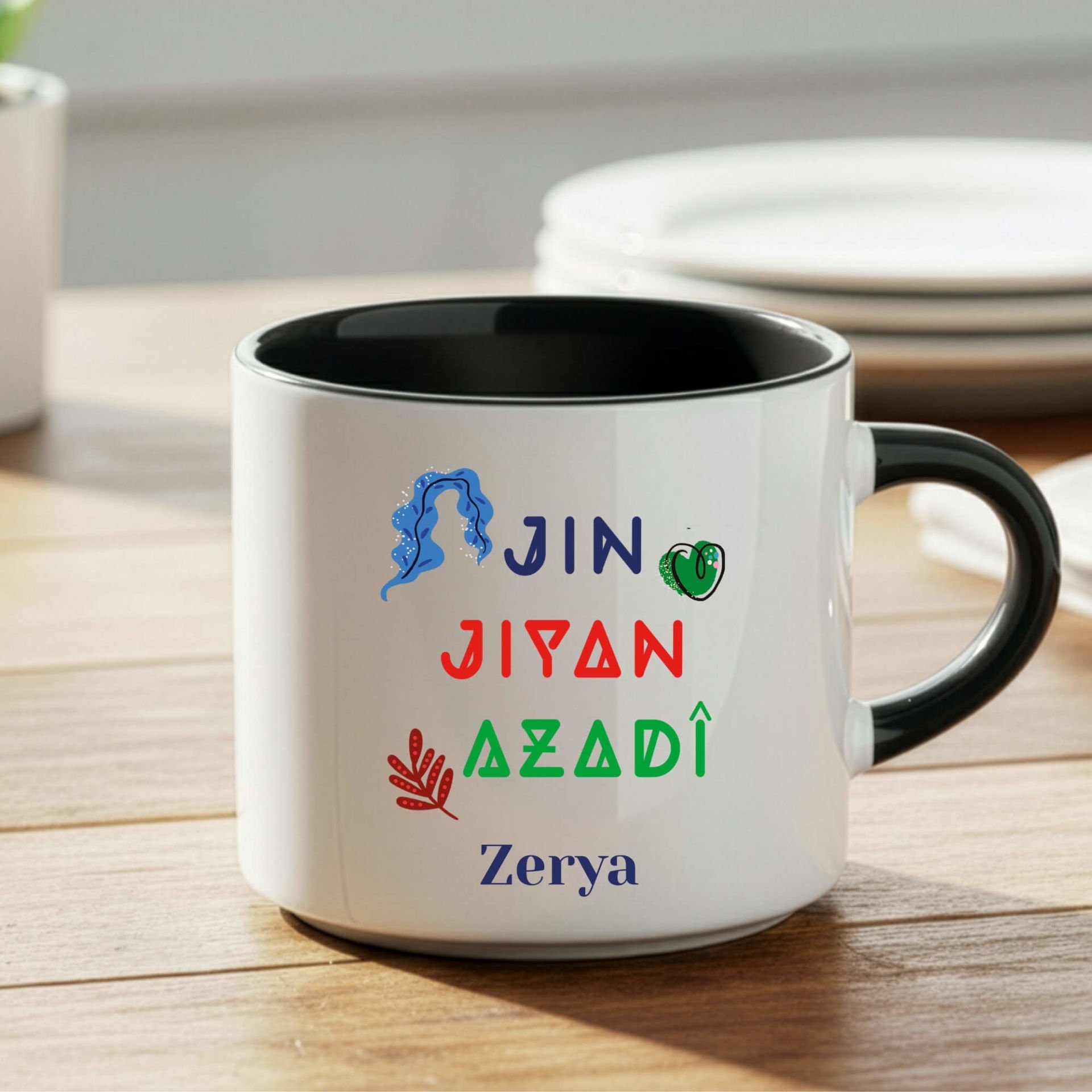 İsme Özel Jin Jiyan Azadi Yazılı Siyah Nescafe Kupa Bardağı - Jin Jiyan Azadi Yazılı Nescafe Siyah Renkli Kupa Bardak