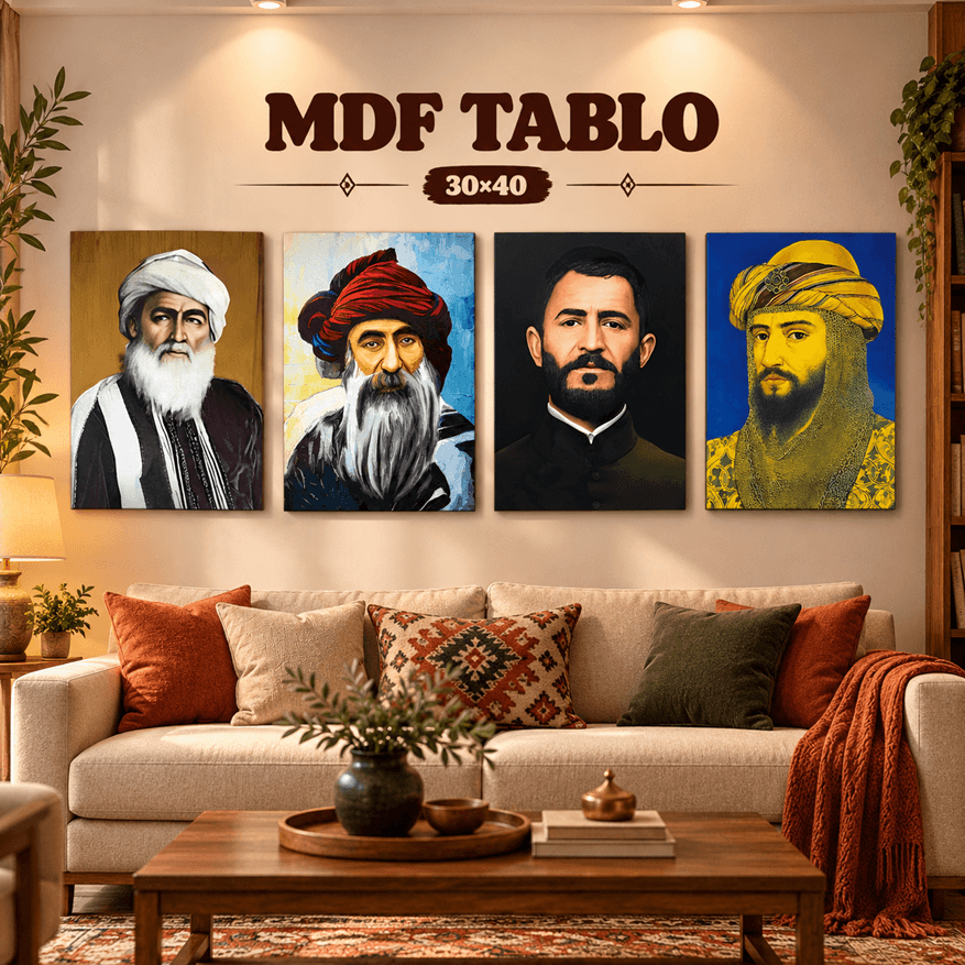 Kürt Ünlüleri Motifli MDF Ahşap Tablo Qazi Muhammed - Şeyh Said - Seyit Rıza - Selahattin Eyyubi Tasarımlı Duvar Tablo SETİ