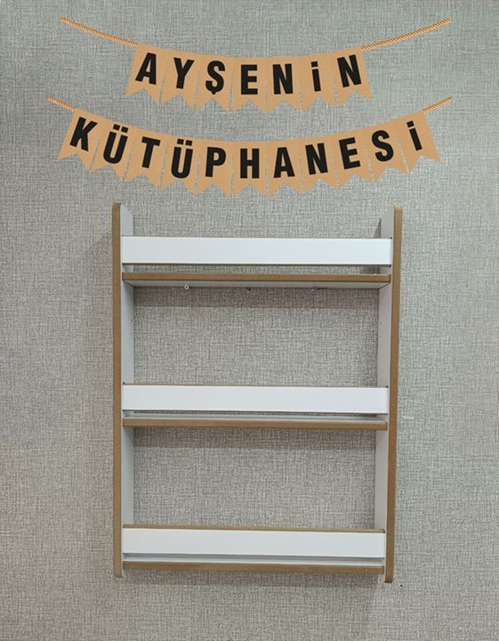 İsme Özel Montessori Çocuk Bebek Odası Kitaplığı - 80*60 cm Beyaz Renk Kitaplık