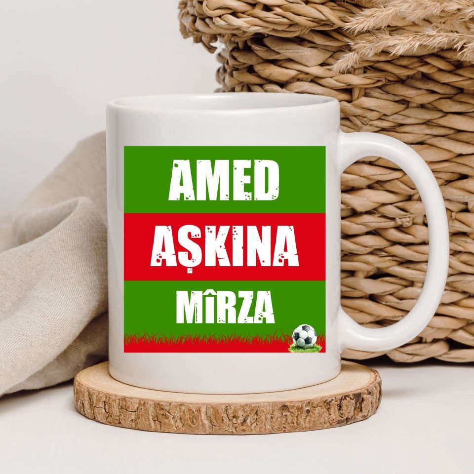 İsme Özel Amed Aşkına Yeşil Kırmızı Tasarımlı Taraftar Spor Porselen Beyaz Kupa Bardak