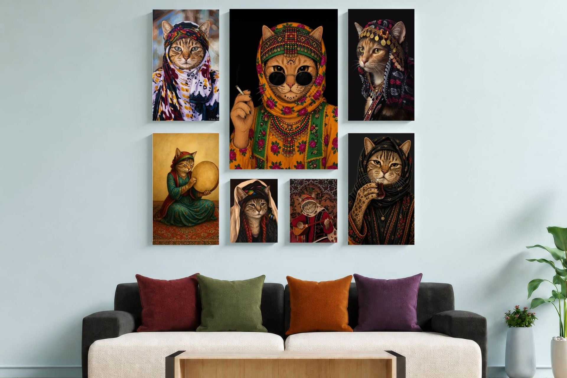 Tabloya Pisîkan Otantik Yöresel Desenli Kedi Görselli Tasarımlı Motifli Duvar Dekoratif Mdf Ahşap Retro Poster Tablo SETİ