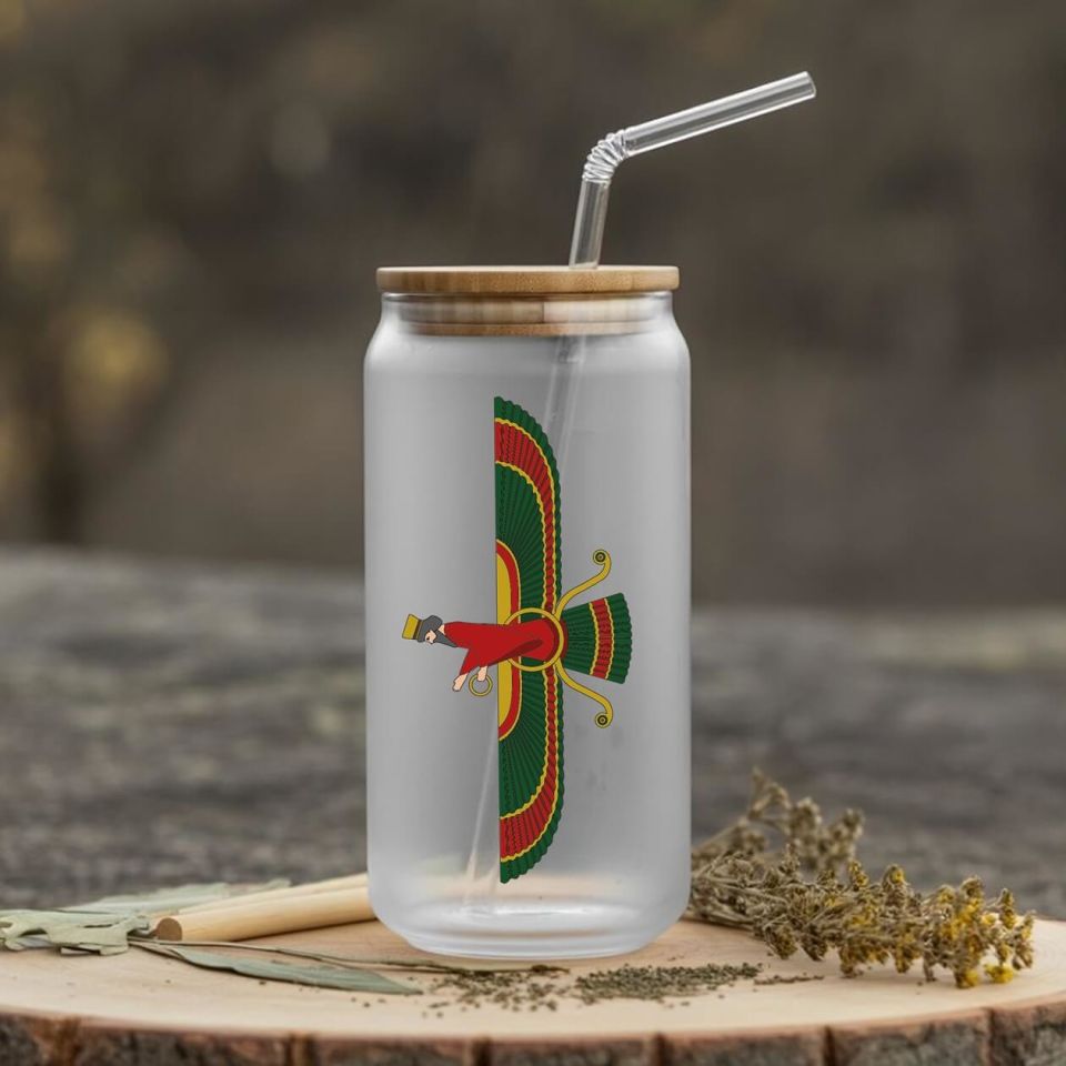 Ahura Mazda Tasarımlı Pipetli Su Süt Meyve Suyu Cam Suluk (600 ml)