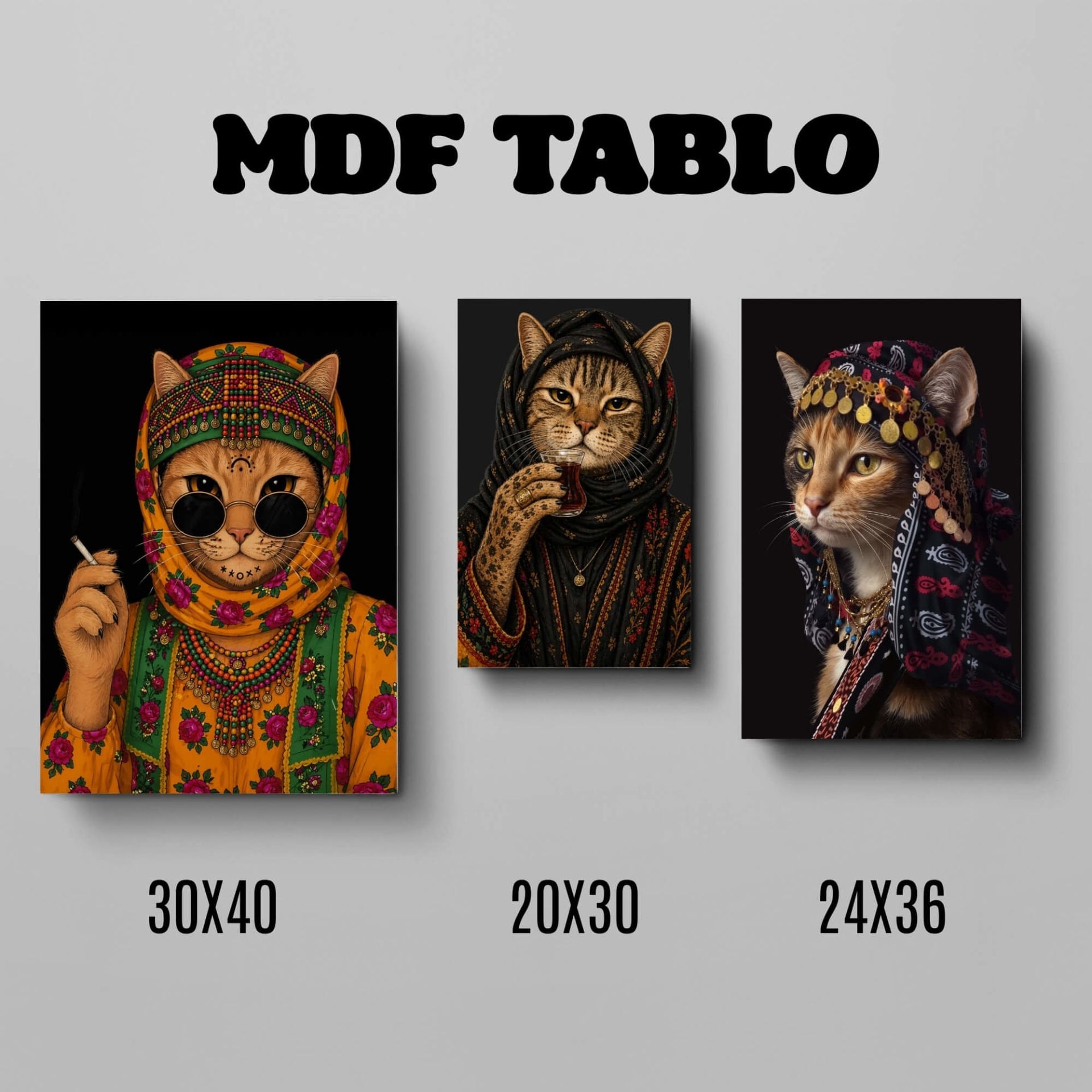 Tabloya Pisîkan - Sigara Çay ve Yazmalı Kedi Görselli Tasarımlı Motifli Duvar Dekoratif Mdf Ahşap Retro Poster Tablo SETİ