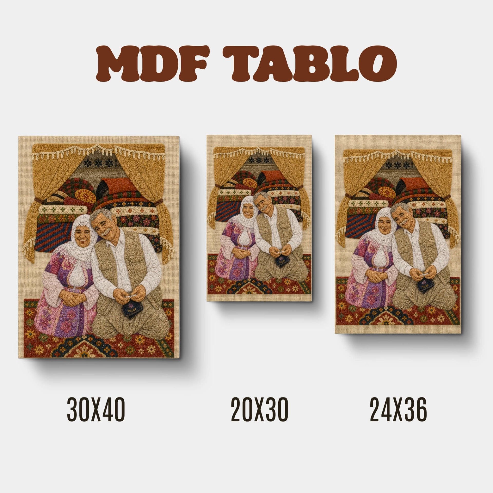 Tabloya Kal û Pîr - Yaşlı Kadın Erkek Nakış Motifli Tasarımlı Duvar Dekoratif Mdf Ahşap Retro Poster Tablo