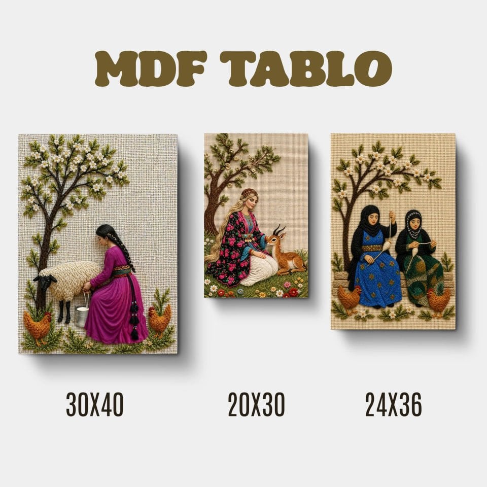 Teşi Geyik ve Koyun Kadın Nakış Görselli Tasarımlı Motifli Duvar Dekoratif Mdf Ahşap Retro Poster Tablo SETİ