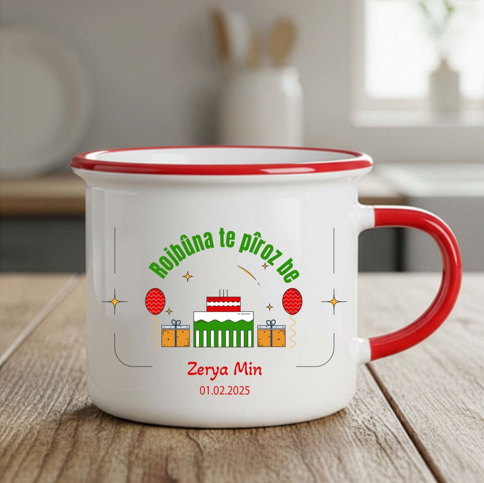 İsme Özel ve Doğum Tarihli Kürtçe Doğum Günü Kutlama Enamel Kupa Bardağı - Rojbûna Te Pîroz be Enamel Kırmızı Kupa Bardak