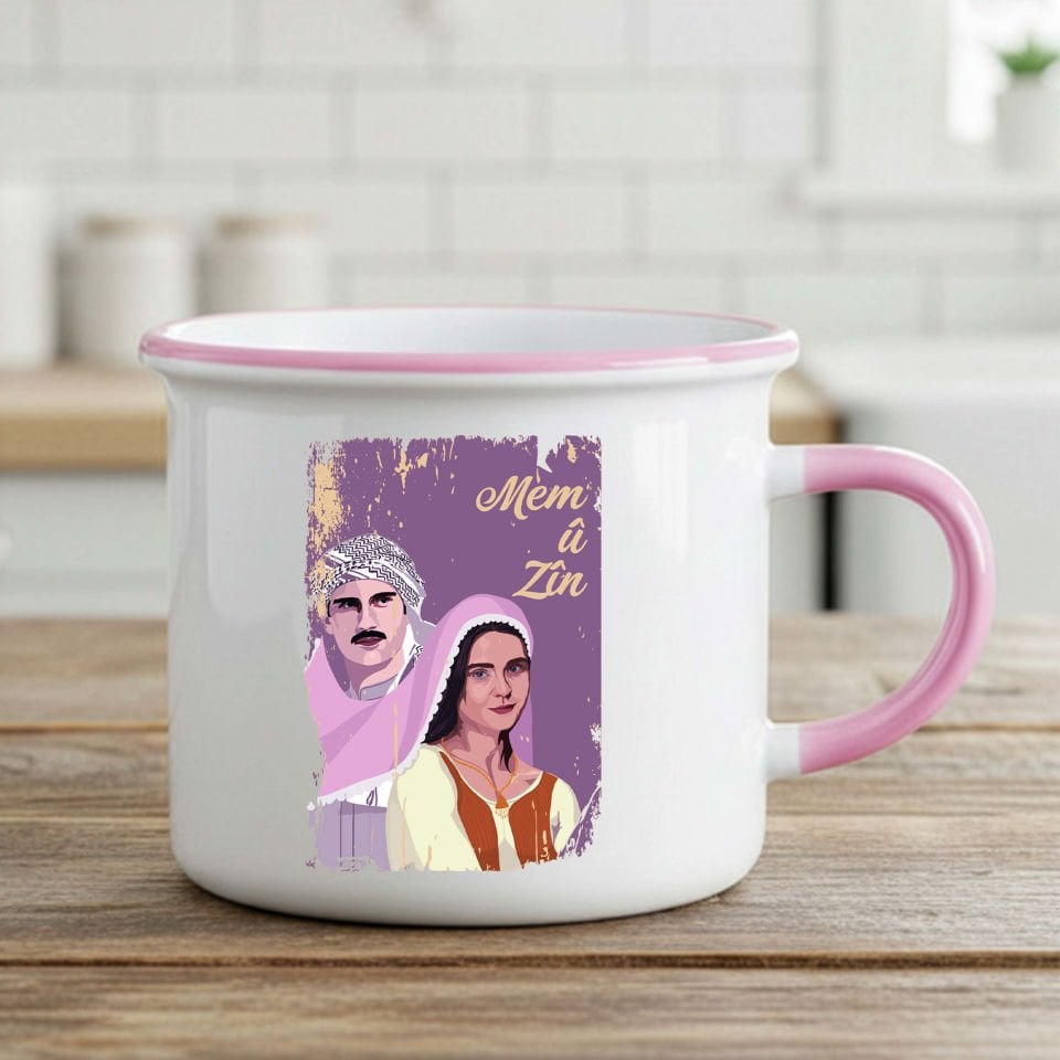 Mem û Zin Tasarımlı Enamel Pembe Kupa Bardak - Mem û Zin Enamel Kupası
