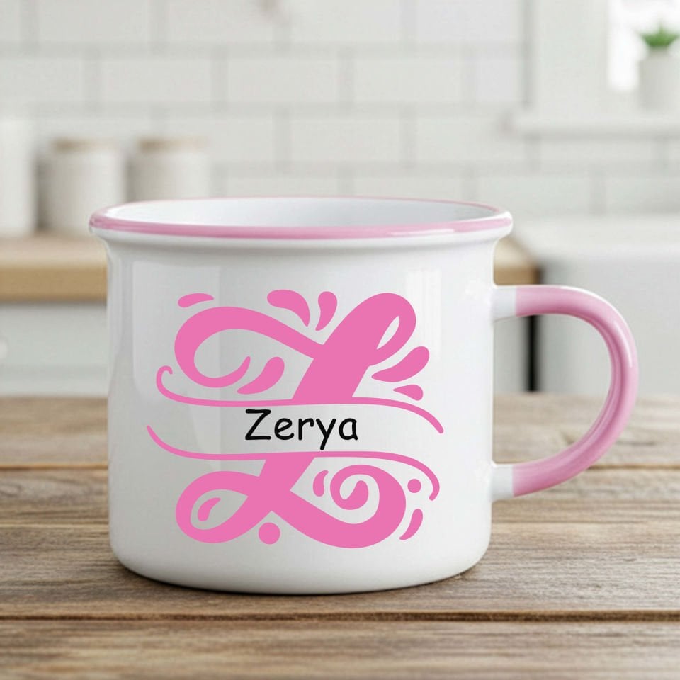 İsme Özel Harfli Enamel Pembe Kupa Bardak - İsme Özel Harfli Enamel Kupası