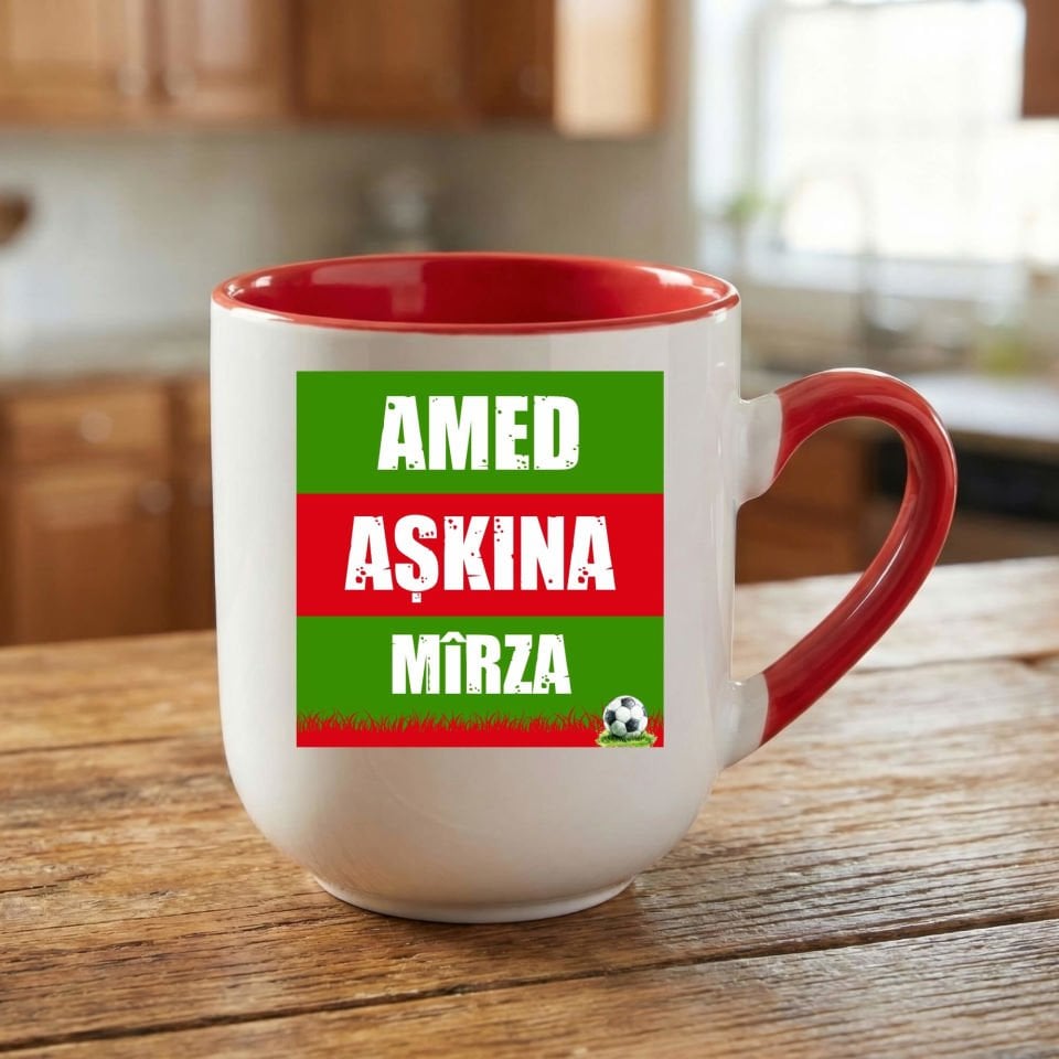İsme Özel Amed Aşkına Yeşil Kırmızı Tasarımlı Taraftar Spor Elite Oval Kırmızı Kupa Bardak