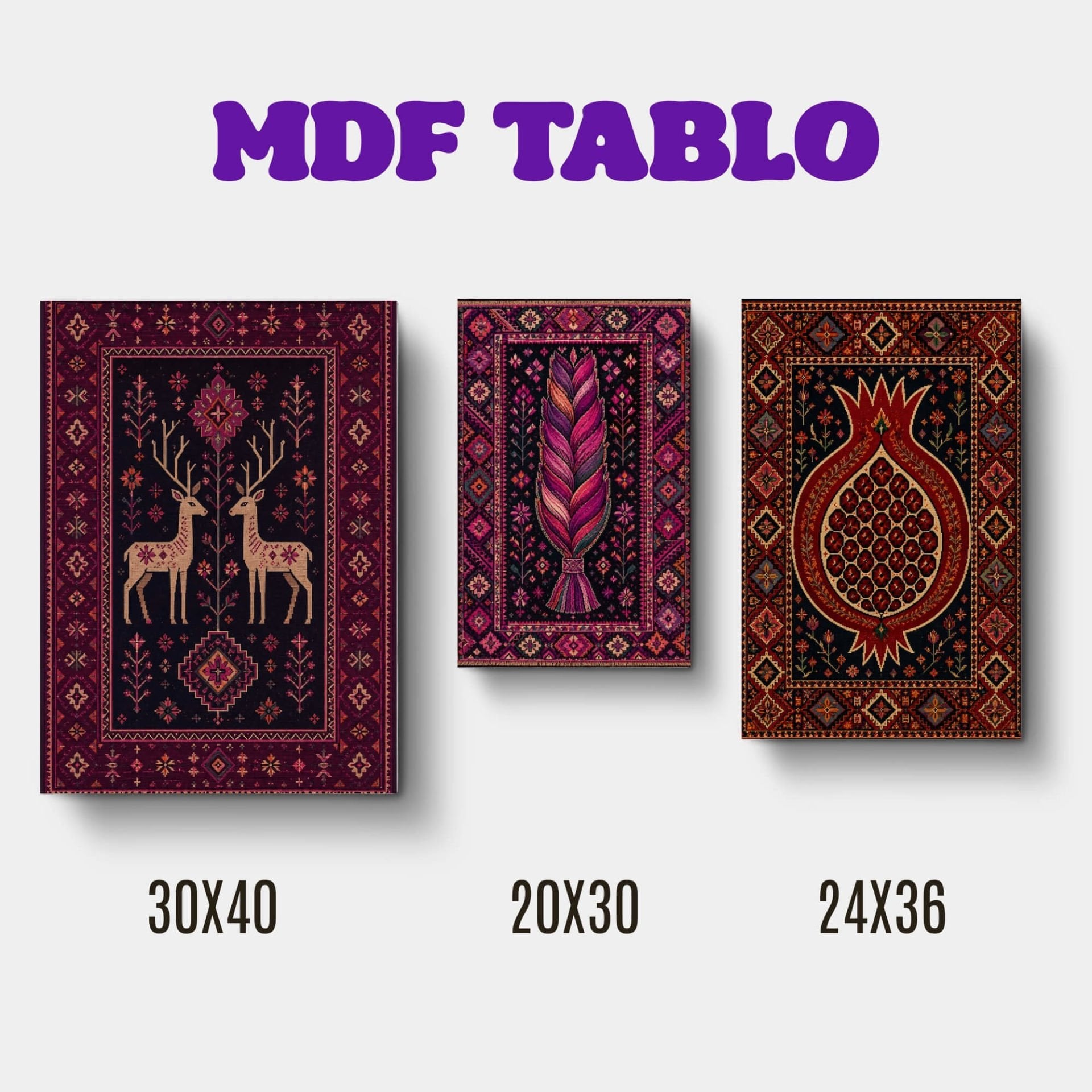 Halı Kilim Saç örgüsü Geyik ve Nar Tasarımlı Duvar Dekoratif Mdf Ahşap Retro Poster Tablo SETİ