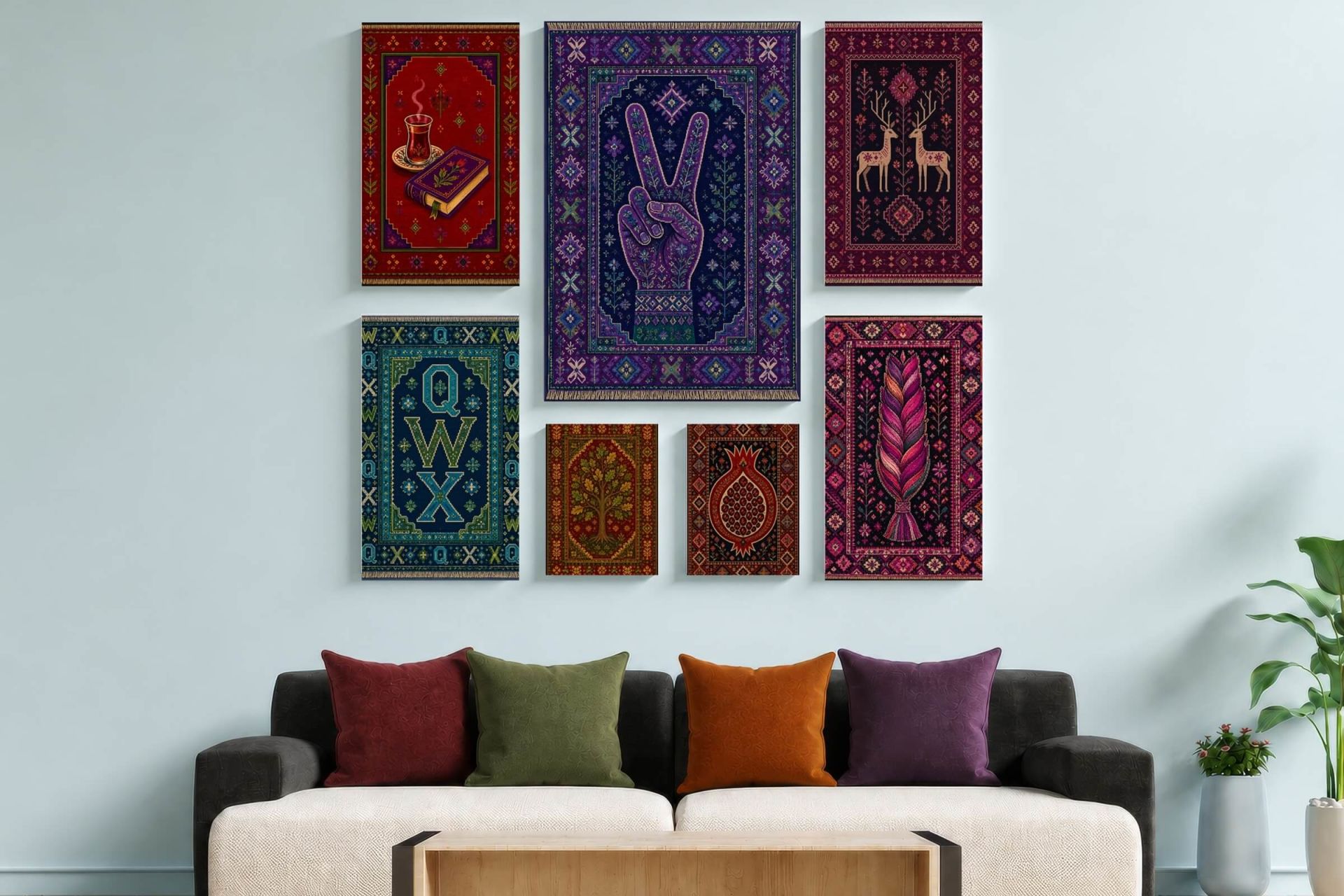 Tabloya Xalîçeyê - Halı Kilim Zafer İşareti Hayat Ağacı Saç örgülü Motifli Tasarımlı Duvar Dekoratif Mdf Ahşap Retro Poster Tablo SETİ