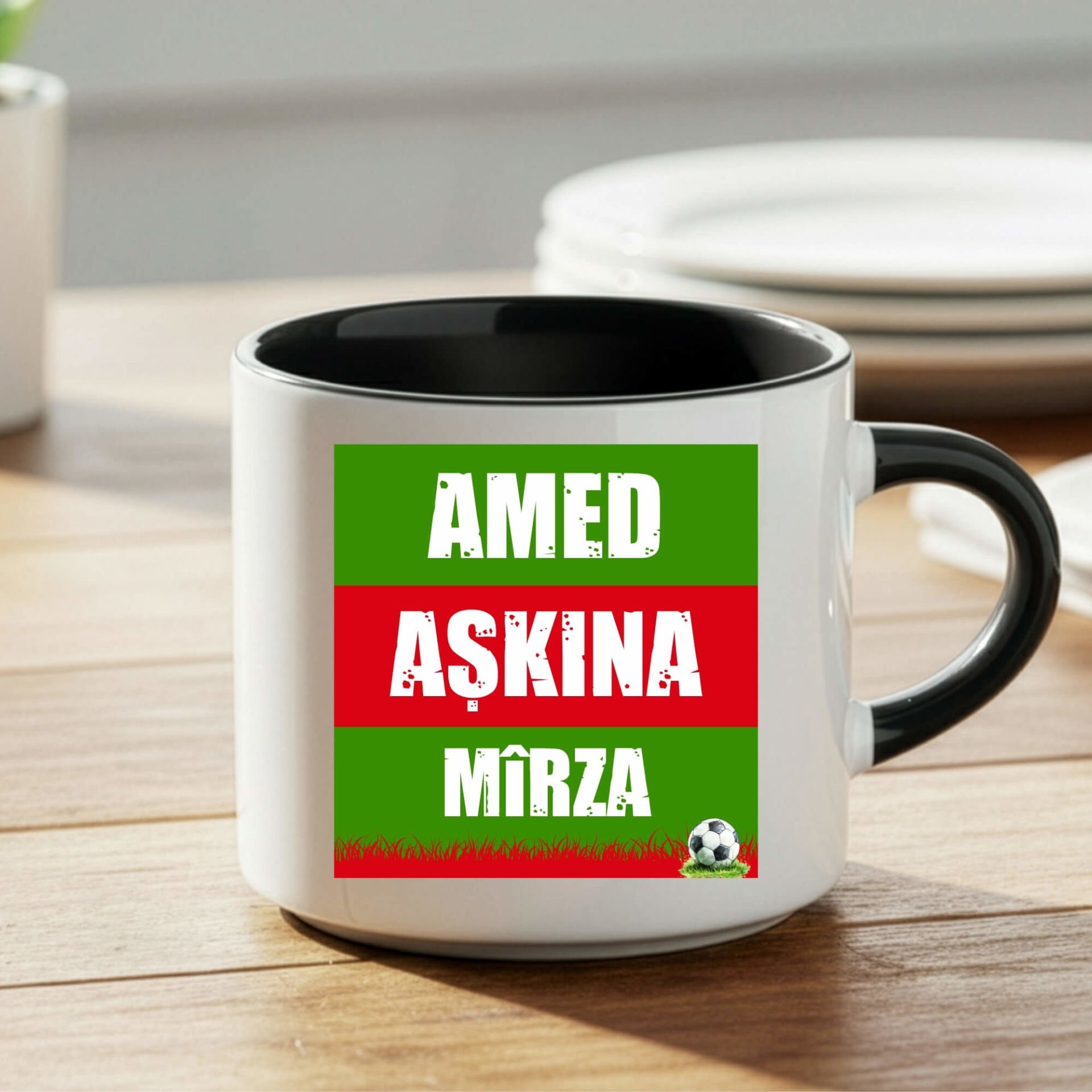 İsme Özel Amed Aşkına Yeşil Kırmızı Tasarımlı Taraftar Spor Siyah Nescafe Kupa Bardak