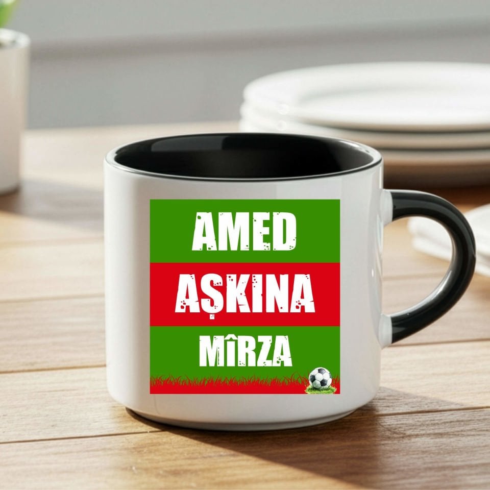 İsme Özel Amed Aşkına Yeşil Kırmızı Tasarımlı Taraftar Spor Siyah Nescafe Kupa Bardak